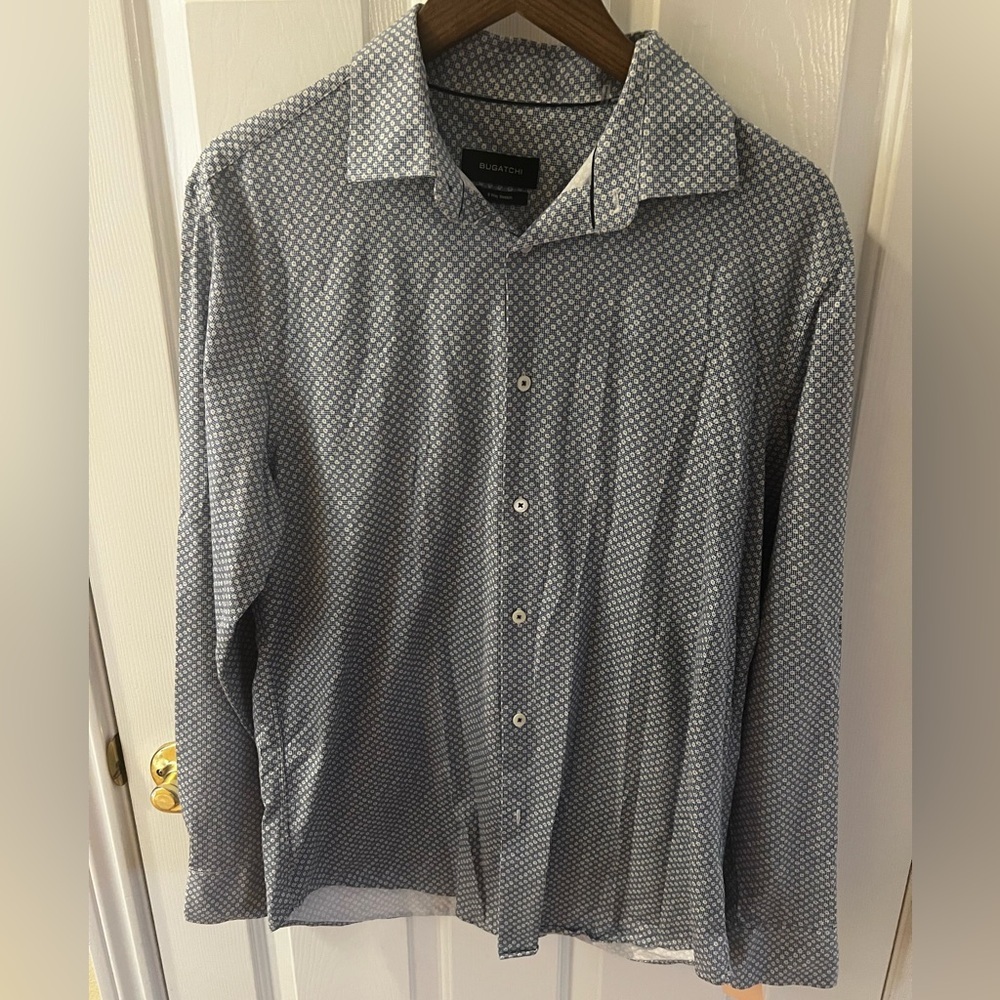 Bugatchi Gray Blue Geometric Men's Shirt. Size Large.